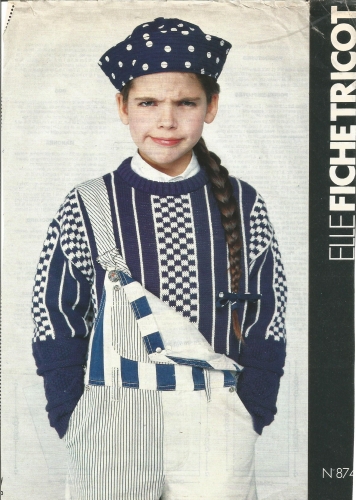 fiche tricot elle , tricot, pull , enfant, jacquard, bleu et blanc, carreaux ,rayures, no 874